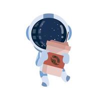 lindo astronauta sosteniendo firmemente la ilustración de la taza de café vector