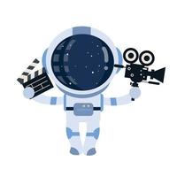 Funny astronaut with clapperboard and video recorder vector