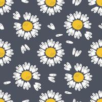 Cute seamless pattern with white daisies in 1970 style. vector