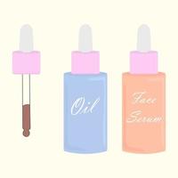 Facial oil and serum, skin moisturizing kit, massage products. Vector illustration with bottles