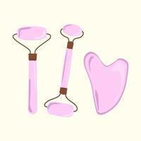 Jade roller for gua sha face massage. Roller made of natural pink quartz stone. vector