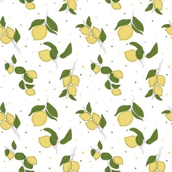 Seamless pattern with minimalistic lemon branches with fruits with round spots. vector
