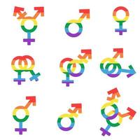 Set of vector illustrations with different gender signs in rainbow colors.