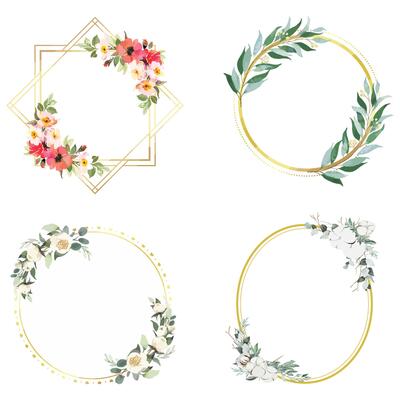 Round frame wreath made of spring wildflowers, lilac flowers, pink buds and leaves isolated on white background.