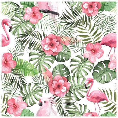 Seamless trendy tropical pattern with pink flamingo birds and tropic areca leaves, summer background. Vector illustration