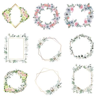 Round frame wreath made of spring wildflowers, lilac flowers, pink buds and leaves isolated on white background.