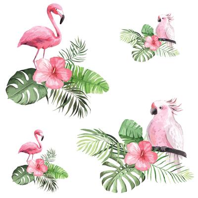 Seamless trendy tropical pattern with pink flamingo birds and tropic areca leaves, summer background. Vector illustration