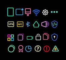 24 Set of flat icons for mobile and web apps  colorful icons on black background. about phone icon, themes, sound, screen lock, notification, home screen