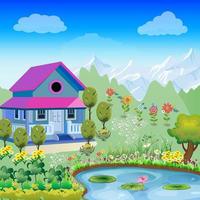 Rural landscape vector illustration. Countryside houses exterior. Cottages on nature. Field and blue sky scenery. Country villa.