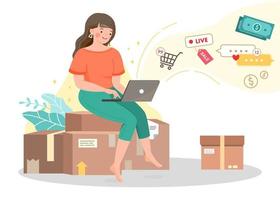 Young girl live on computer, selling stuff online and check orders on e-commerce store, preparing to pack the boxes with paper packages and parcels, modern business and shopping concept. Flat vector. vector