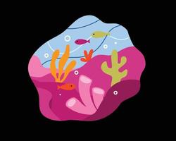 Illustration hand drawn of a undersea world landscape in cartoon style. cute flat design underwater plants and corals on the seabed. vector