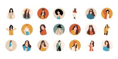 Collection of stylish young women dressed in casual and formal outfits. Flat design illustrations of woman portrait in trendy fashionable style vector