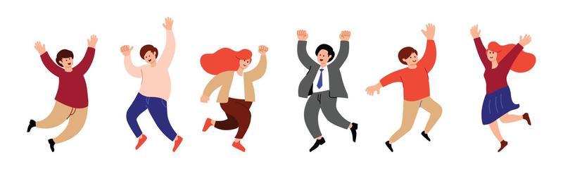 Collection of people are jumping with joyful expressions. Set of young people in casual fashion flat design illustration.