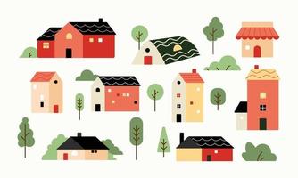 Set of various small tiny houses and trees in paper cut flat design. Collection of vector illustration buildings in a trendy and cute style.