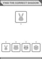 Find the correct shadow Rabbit face. Worksheet for kids vector