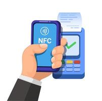 NFC technology on smartphone. contacless payment using mobile banking symbol cartoon illustration vector