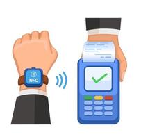 NFC Payment using smartwach, cashless and contactless mobile banking technology symbol cartoon illustration vector