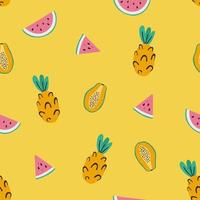 patrón sin costuras con frutas dibujadas a mano. piña, papaya y sandía sobre fondo amarillo brillante. estampado de verano para telas, textiles, trajes de baño, papel para envolver vector