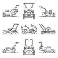 Lawnmower icon set, outline style vector