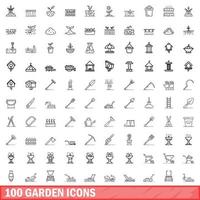 100 iconos de jardín, estilo de esquema vector