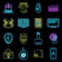 Computer security icons set vector neon