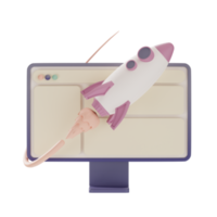 conception de sites Web, une fusée volante avec un ordinateur, illustration 3d png