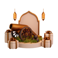 islamitisch ramadan-podium met kanon en geschenkdoos 3d illustratie png