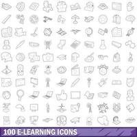 100 e-learning icons set, outline style vector