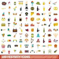 100 festivity icons set, flat style vector