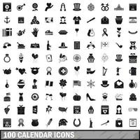 100 calendar icons set, simple style vector