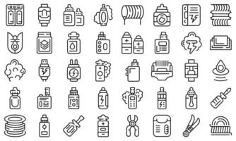 Los iconos de accesorios de cigarrillos electrónicos establecen el vector de contorno. algodón líquido