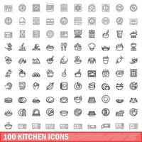 100 kitchen icons set, outline style vector