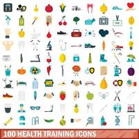 100 health training icons set, flat style vector