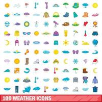 100 weather icons set, cartoon style vector