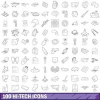 100 hi-tech icons set, outline style vector