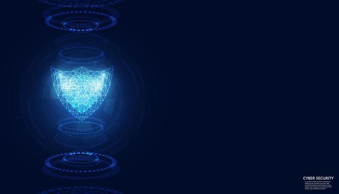 Abstract technology cyber security privacy information network concept shield protection digital network internet link on hi tech blue future background