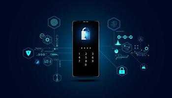 Abstract technology cyber security privacy information network concept padlock code on phone protection digital network internet link on hi tech blue future background vector