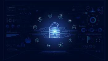 Abstract technology cyber security privacy information network concept padlock protection icons and hud interface digital network internet link on hi tech blue future background vector