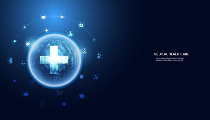 Abstract health science consist health plus circle digital and world icons technology concept modern medical on hi tech future blue background.