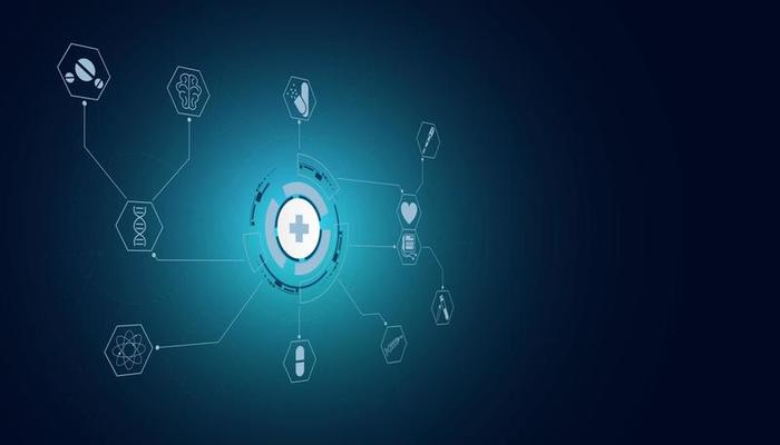 Abstract health science consist health plus circle icons digital technology concept  modern medical on hi tech future blue background.