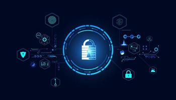 Abstract technology cyber security privacy information network concept padlock protection digital network internet link on hi tech blue future background vector