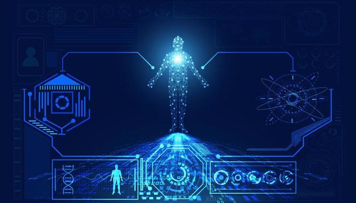 abstract technology futuristic concept of digital human body digital interface future design on hi tech background.