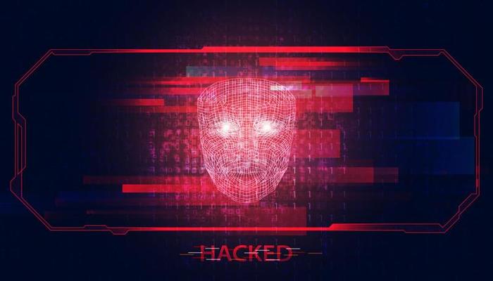 Abstract hacker face digital concept steals information from computers on the network. in the internet world break through the security system. on hi tech red future background