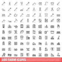 100 iconos de granja, estilo de esquema vector