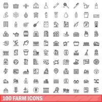 100 farm icons set, outline style vector