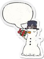 cartoon snowman and speech bubble distressed sticker vector