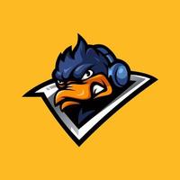 Duck gaming mascot logo design vector with modern illustration concept style for badge, emblem and t-shirt printing. Angry Duck wearing headset for e sport