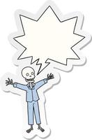 cartoon skeleton wearing pajamas and speech bubble sticker vector
