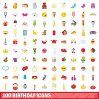 100 birthday icons set, cartoon style vector