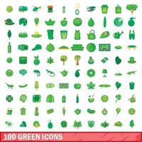 100 green icons set, cartoon style vector